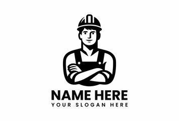 Confident Construction Worker Logo with Crossed Arms and Hard Hat.
