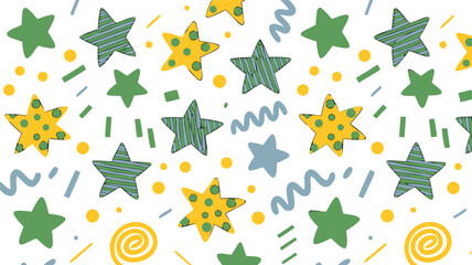 Fun Starry Pattern with Green, Yellow, and Blue Shapes on White Background