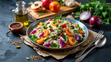 The national dish of Australian cuisine. Bright rice salad from Australia.