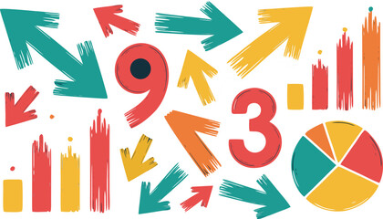 Colorful Data Representation Arrows, Bar Graphs, Pie Chart, and Numbers Nine and Three