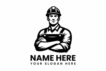 Confident Construction Worker with Hard Hat and Arms Crossed in Black and White.