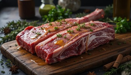 Two slabs of seasoned, raw beef ribs, ready for cooking, resting on a wooden cutting board.