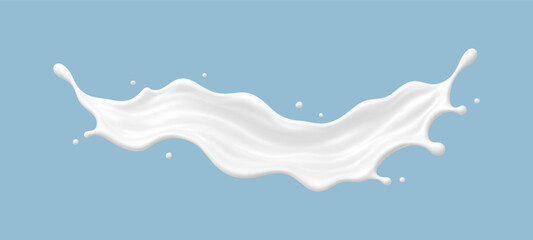 Realistic milk splash wave on blue background. Vector dairy concept