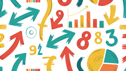 Colorful Financial and Data Analysis Seamless Pattern with Arrows, Charts, and Numbers on White