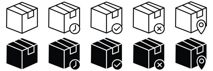 delivery icon set Contains Open Box, Package Return, Wooden Crate Carton, product Packaging boxes Icons. Priority Shipping, Express, Delivery. product, gift, box, package product management, cube icon