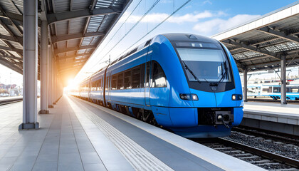 Naklejka premium Modern Blue Commuter Train in Outdoor Station with Sunlit Background