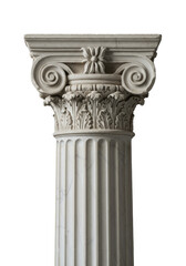 Obraz premium A transparent marble ionic column capital with carved volutes, a detailed frieze, and a fluted shaft, presented against a plain, shadowless white studio background with high-key lighting, concept