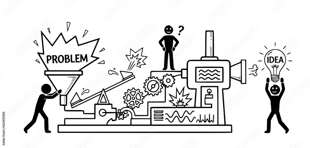 Poster problemsolving machine turning a problem into a bright idea, isolated on white background