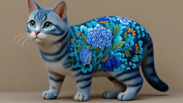 Delft style botanical cat silhouette art, floral porcelain cat outline for decorative use, cat silhouette Delft blue botanical, Delft style cat floral silhouette, cat shape blue porcelain ornament