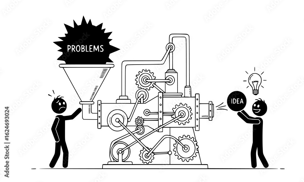 Aufkleber stick figure feeding problems into a machine to get an idea, isolated on white background
