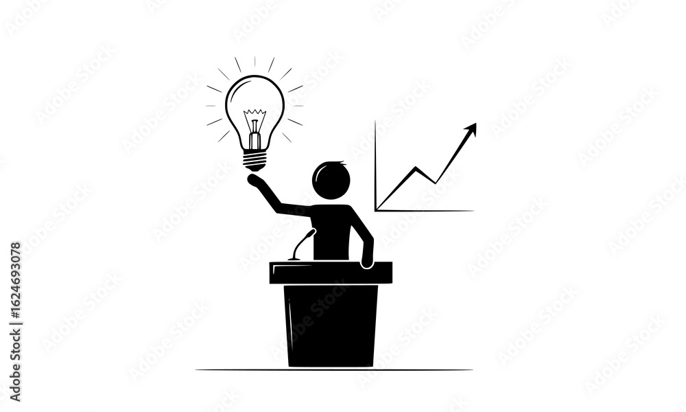 Aufkleber man at podium with microphone holding lightbulb and pointing at graph isolated on white background