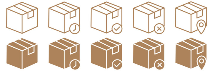 delivery icon set Contains Open Box, Package Return, Wooden Crate Carton, product Packaging boxes Icons. Priority Shipping, Express, Delivery. product, gift, box, package product management, cube icon