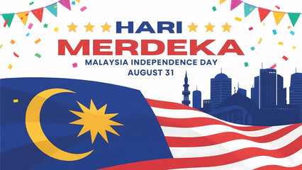 Celebrate Malaysia Independence Day with this festive design perfect for greeting cards, social media, and event promotions showcasing national pride