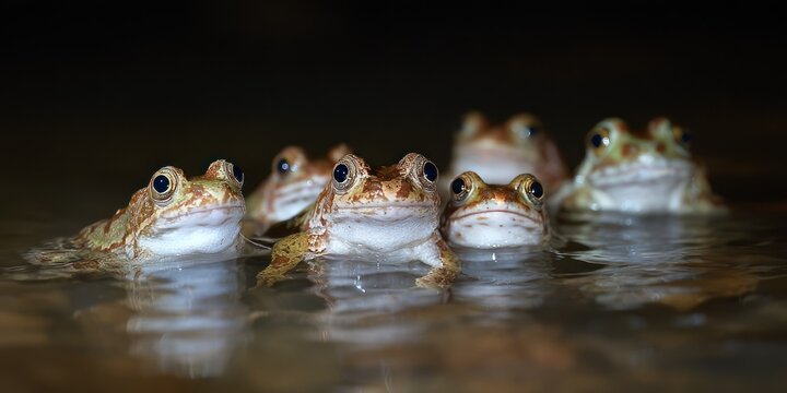 A group of frogs nestled in a cool pond at night