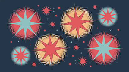 Retro Bursting Star Background with Geometric Stars and Bursts in Blue and Red Tones