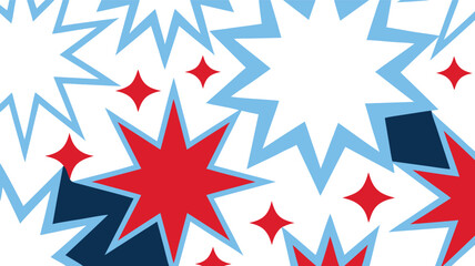 Comic Style Background with Red Stars, Blue Explosions, and White Space, Flat