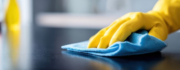 The yellow glove hand cleaning a surface with a blue microfiber cloth.