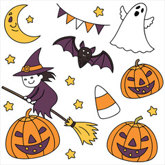 Halloween. Halloween Icon Set. Halloween set clipart vector. Halloween Flat Design Icon Set. Set of Halloween Pumpkins Silhouette. Halloween cartoon vector.	