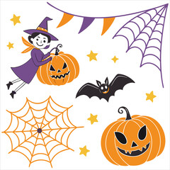 Halloween. Halloween Icon Set. Halloween set clipart vector. Halloween Flat Design Icon Set. Set of Halloween Pumpkins Silhouette. Halloween cartoon vector.	