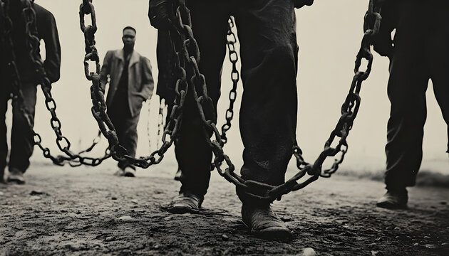 Chains of oppression: slavery roots, trade horrors, racism rise, captive lives, ownership wrong, enforced labor, freedom denied, social injustice, racial divide, exploited souls, historical burden