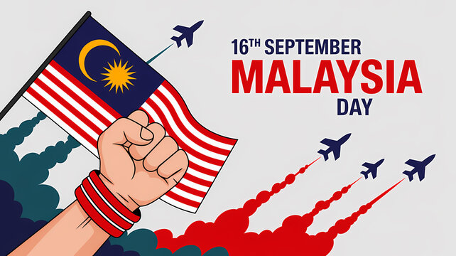 Celebrating Malaysia Day with national pride and patriotic spirit, flag waving high as jet planes soar through the sky symbolizing freedom and unity