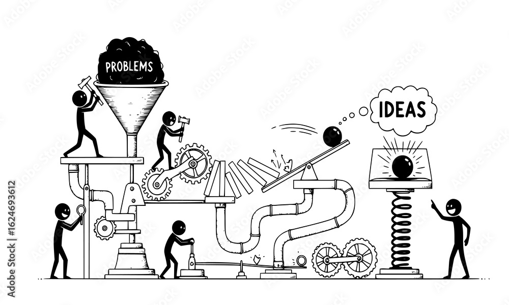 Poster complex machine converting problems into ideas with people operating it
