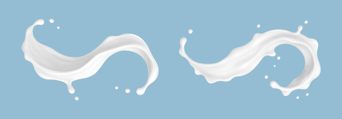 Realistic milk splash waves on blue background. Vector dairy concept