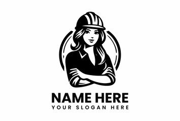Confident Female Construction Worker Logo with Crossed Arms and Hard Hat 1.