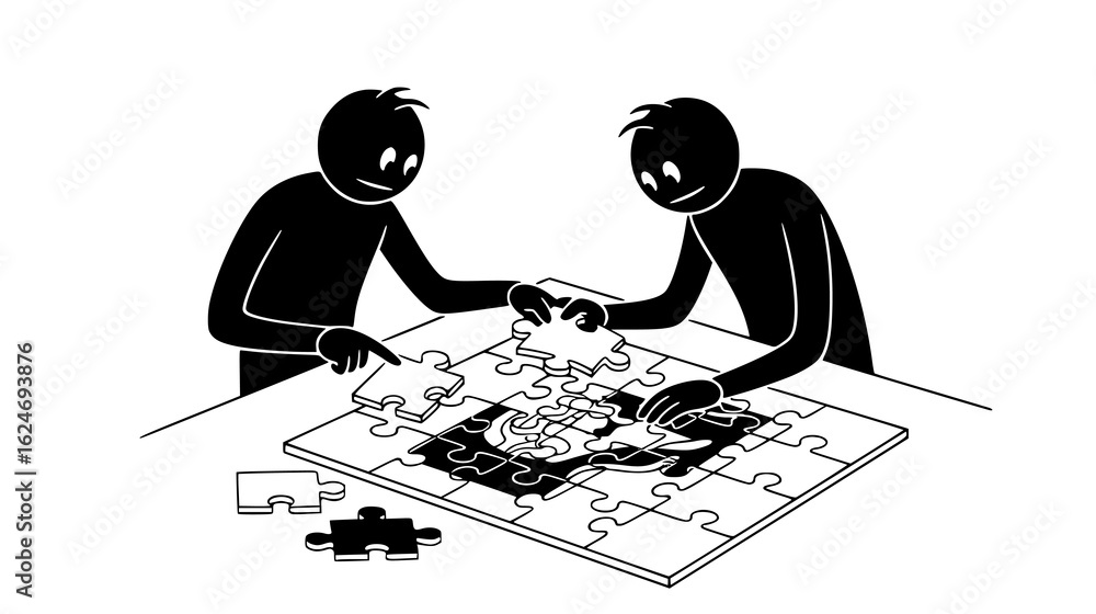 Poster two people working together on a puzzle, representing problemsolving and shared ideas isolated on wh