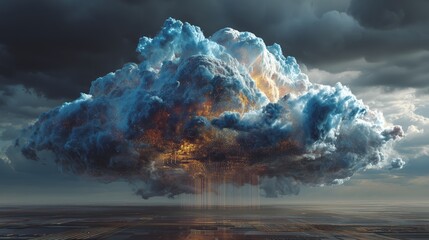 A dramatic sky features a large, illuminated cloud connected to a ground, symbolizing advanced technology and connectivity, integration of nature and digital innovation.