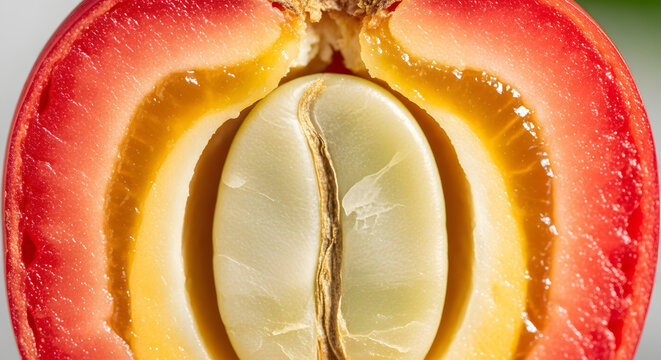 Macro crosssection of a ripe red coffee cherry showing its internal layers and raw green bean.