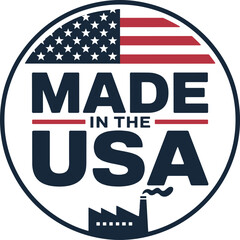 Proudly made in the usa emblem featuring the american flag and factory icon