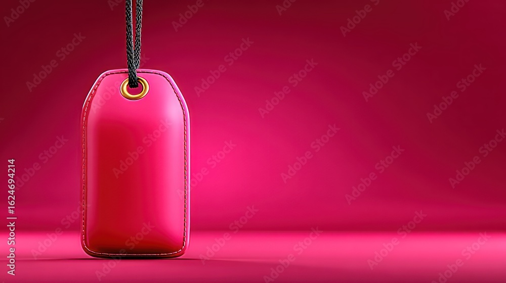 Poster red tag hangs on string in magenta studio