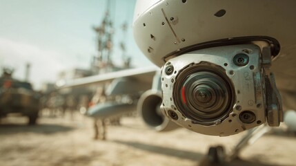 Military drone camera captures strategic surveillance amidst tactical operations at a deployed airbase in a desert location during daylight hours
