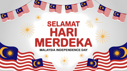 Celebrate Malaysia Independence Day with festive flags and bright starbursts, honoring national pride and unity, perfect for patriotic events and designs