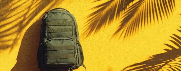 The Green Backpack Surrounded by Tropical Shadows on a Bright Yellow Wall.