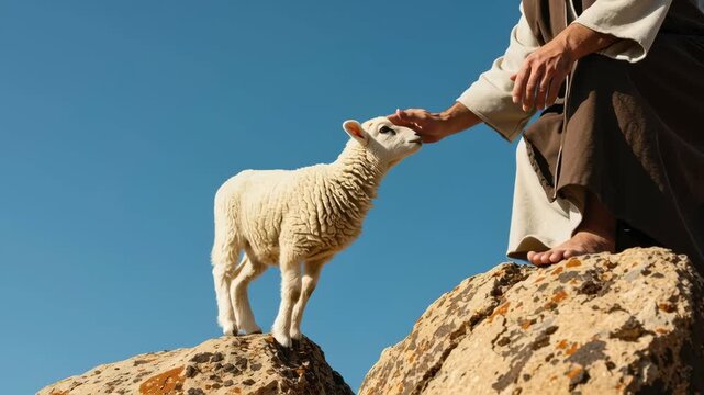 Good shepherd helping a lost lamb on a rock cliff. Christian biblical concept of salvation and guiding, religious footage.