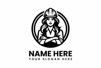 Confident Female Engineer with Hard Hat and Crossed Arms in Circular Frame 1.