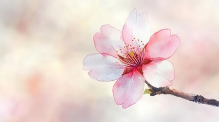 Obraz premium Watercolor illustration of a single blooming cherry blossom on a branch, detailed petals, vibrant pinks and whites against a soft blurred background