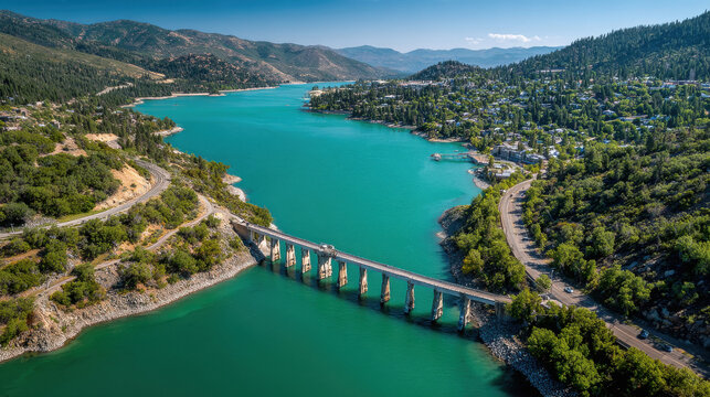 concrete bridge spans a vibrant turquoise lake