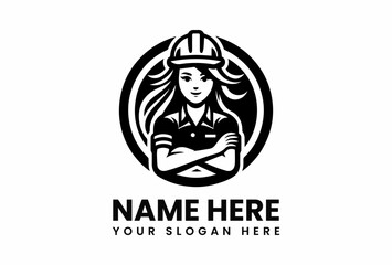 Confident female engineer with hard hat and crossed arms in circular frame.