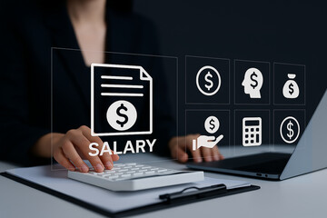 Salary System, A person works at a desk with a laptop, using a virtual interface displaying icons...