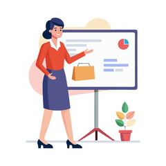 Professional Woman Giving Business Presentation with Charts on Screen &ndash; Vector Illustration for Office, Seminar, Workshop, or Webinar Concept