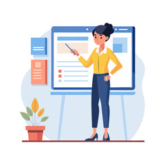 Professional Woman Giving Business Presentation with Charts on Screen – Vector Illustration for Office, Seminar, Workshop, or Webinar Concept