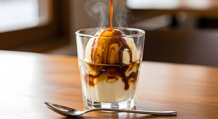Steaming hot espresso pouring over a scoop of creamy vanilla ice cream to make an affogato.