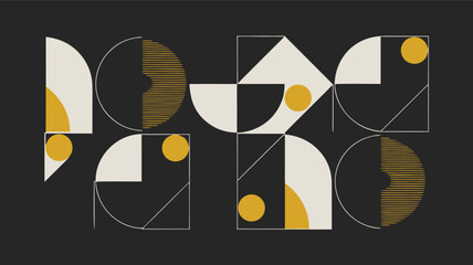 Geometric Abstract Art Minimalist Composition of Circles, Squares, Triangles, and Yellow Accents on Black