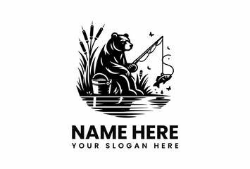 Fishing Bear Silhouette with Caught Fish Bucket Cattails and Butterfly Details.