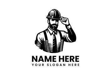 Monochrome Illustration of a Bearded Construction Worker Tipping Hard Hat.