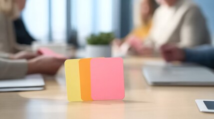 Group of people selecting index cards from a table in a collaborative workspace, engaged in organizing information and brainstorming ideas in a creative and structured team environment.