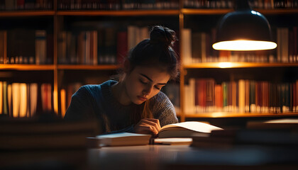 Woman contemplates life questions surrounded by books in a dimly lit library